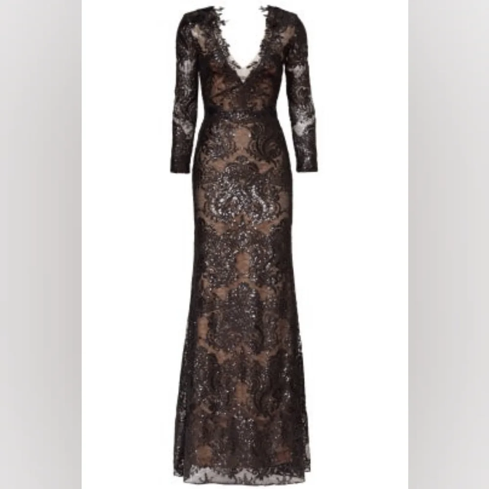 $1,500.00 MARCHESA NOTTE EXCL BLACK LACE BEAD RUNWAY GOWN S - Picture 6 of 14